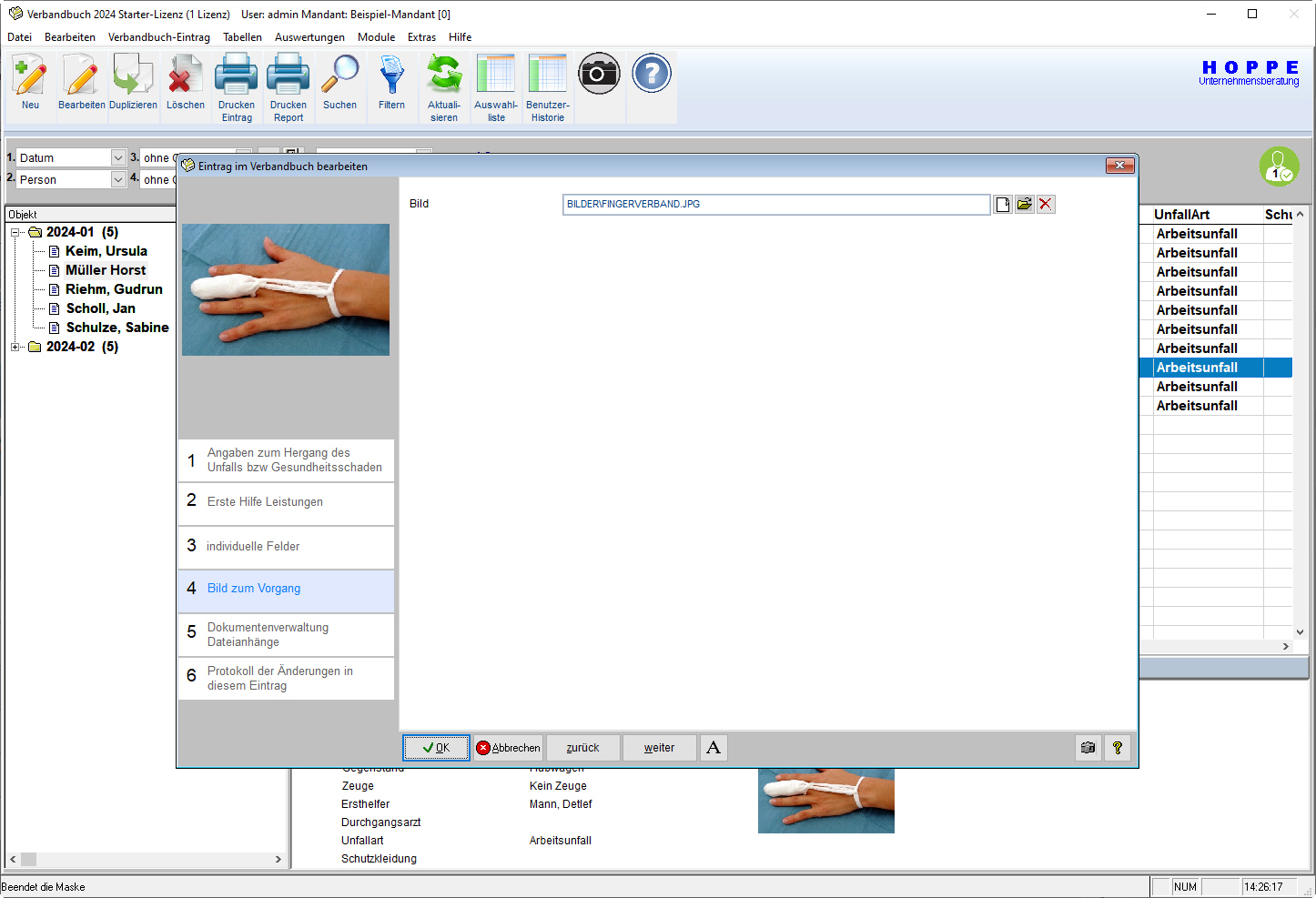 Screenshot erste-hilfe-leistungen Verbandbuchsoftware